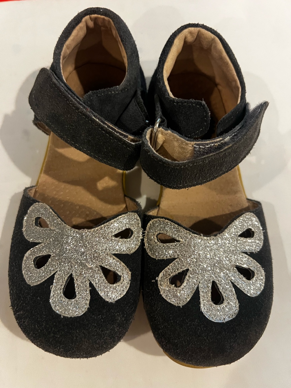 Livie & Luca Gray Girls' Sandals with Silver Glitter Flower